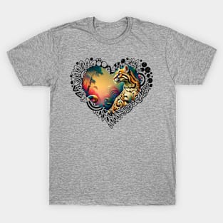 Exotic Ocelot in fantasy jungle, black lace heart T-Shirt